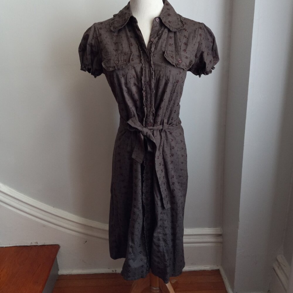 ANTILIA FEMME BROWN COTTON EYELET DRESS M